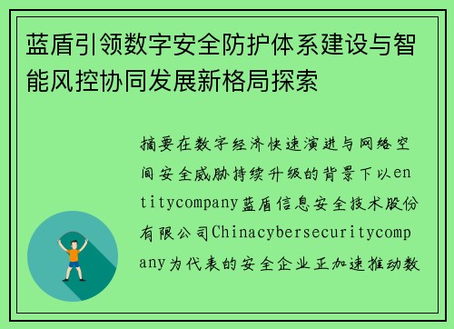 蓝盾引领数字安全防护体系建设与智能风控协同发展新格局探索 蓝盾引领数字安全防护体系建设与智能风控协同发展新格局探索